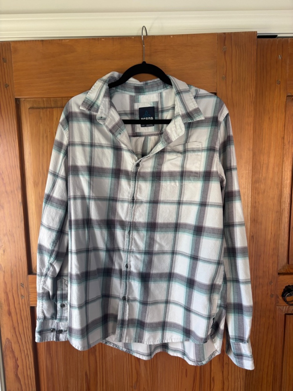 Prana Men's White Plaid Button-Down Shirt with Teal and Gray Stripes